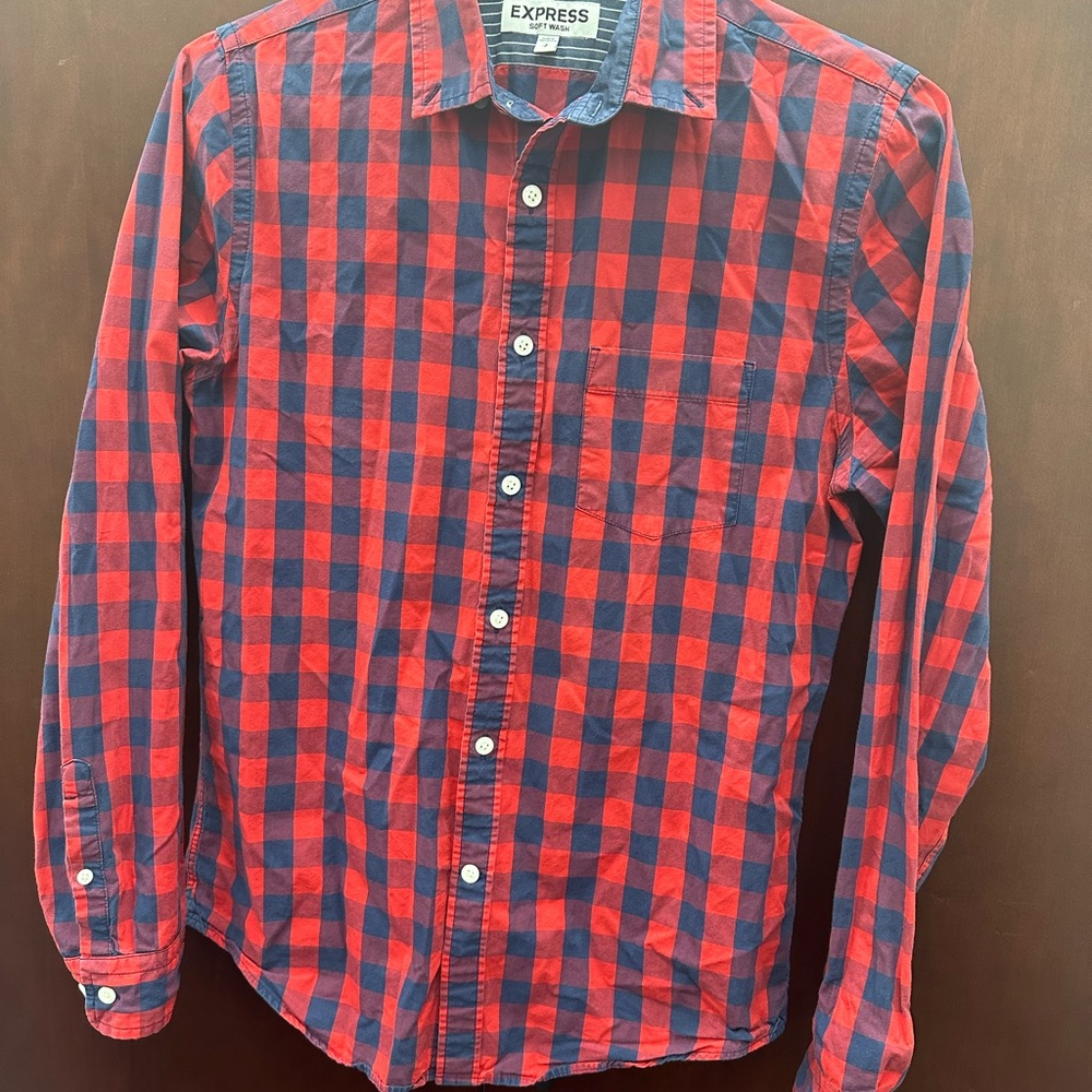 Express Red and Blue Casual Button Down Shirt
